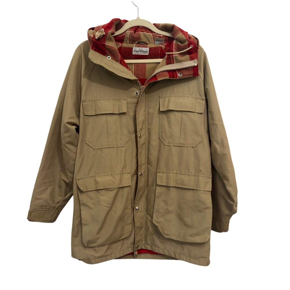 Vintage Mountain Parka Tan Plaid Lined Hooded Gorpcore Cargo Pocket FourWinds M